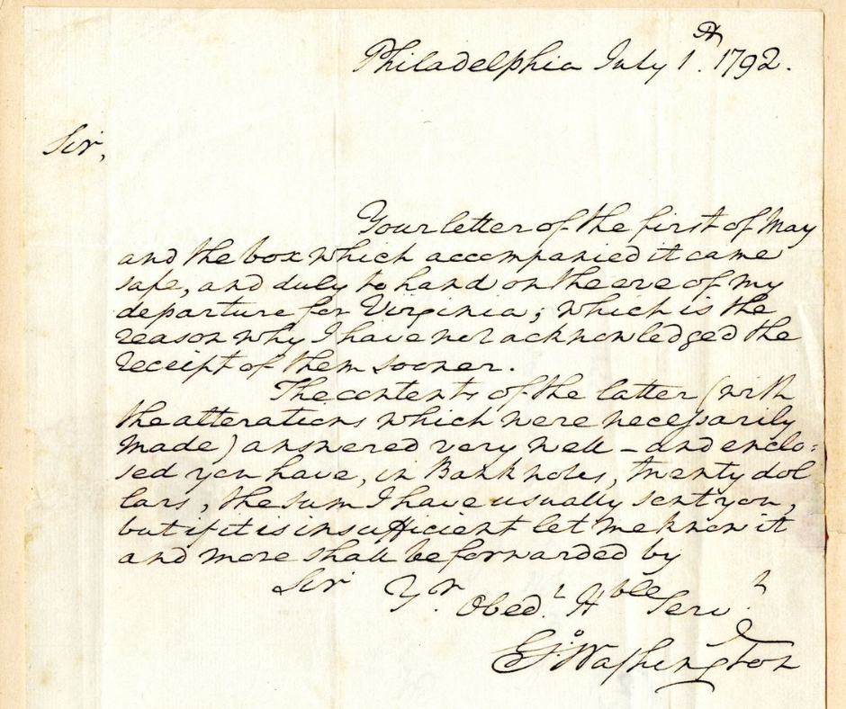 An image on a letter from 1972 written in cursive by George and Martha Washington to their dentist